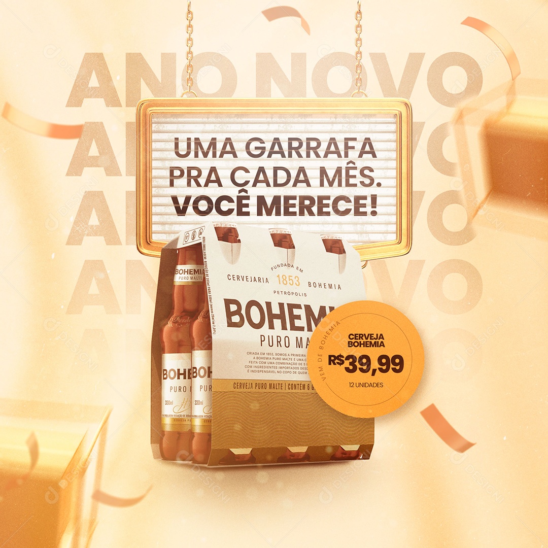Uma Garrafa pra Cada Mês Bohemia Cervejaria Ano Novo Social Media PSD Editável