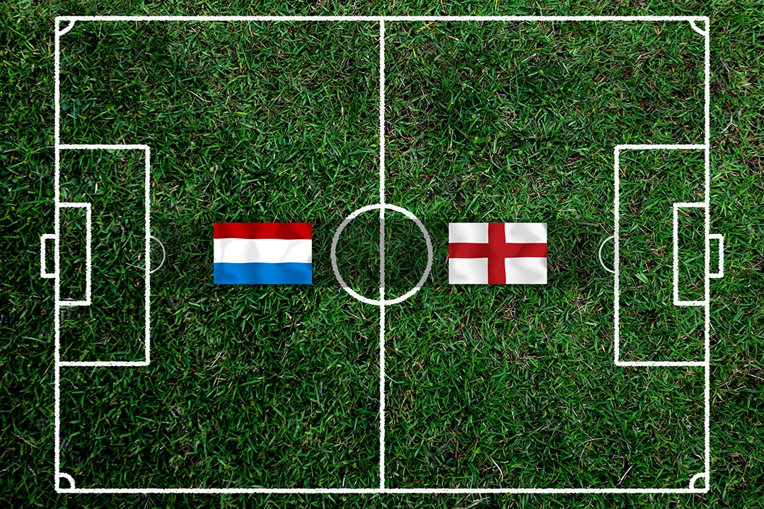 Competição da Copa de Futebol entre a Holanda nacional e a Inglaterra nacional.