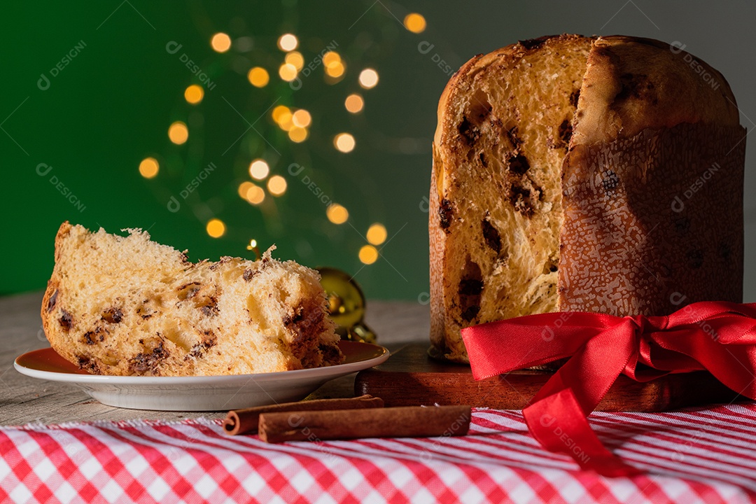 Homemade Christmas bread on blurred background Panetone
