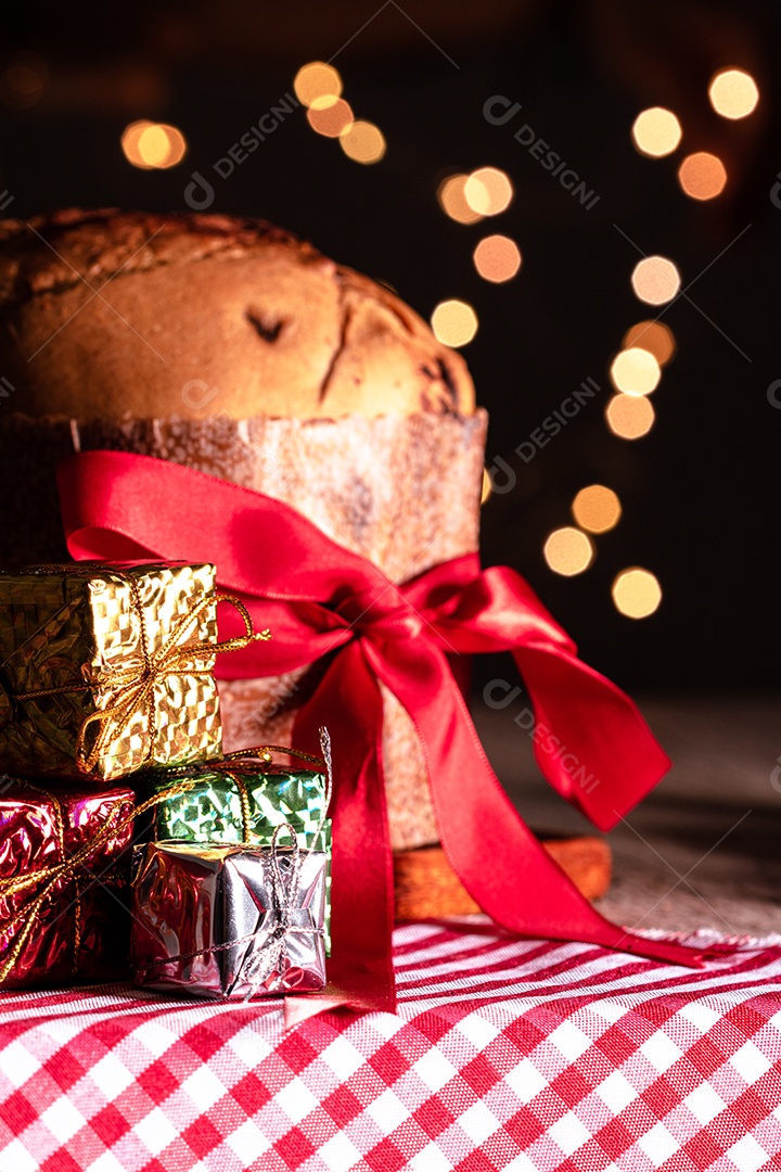 Homemade Christmas bread on blurred background Panetone