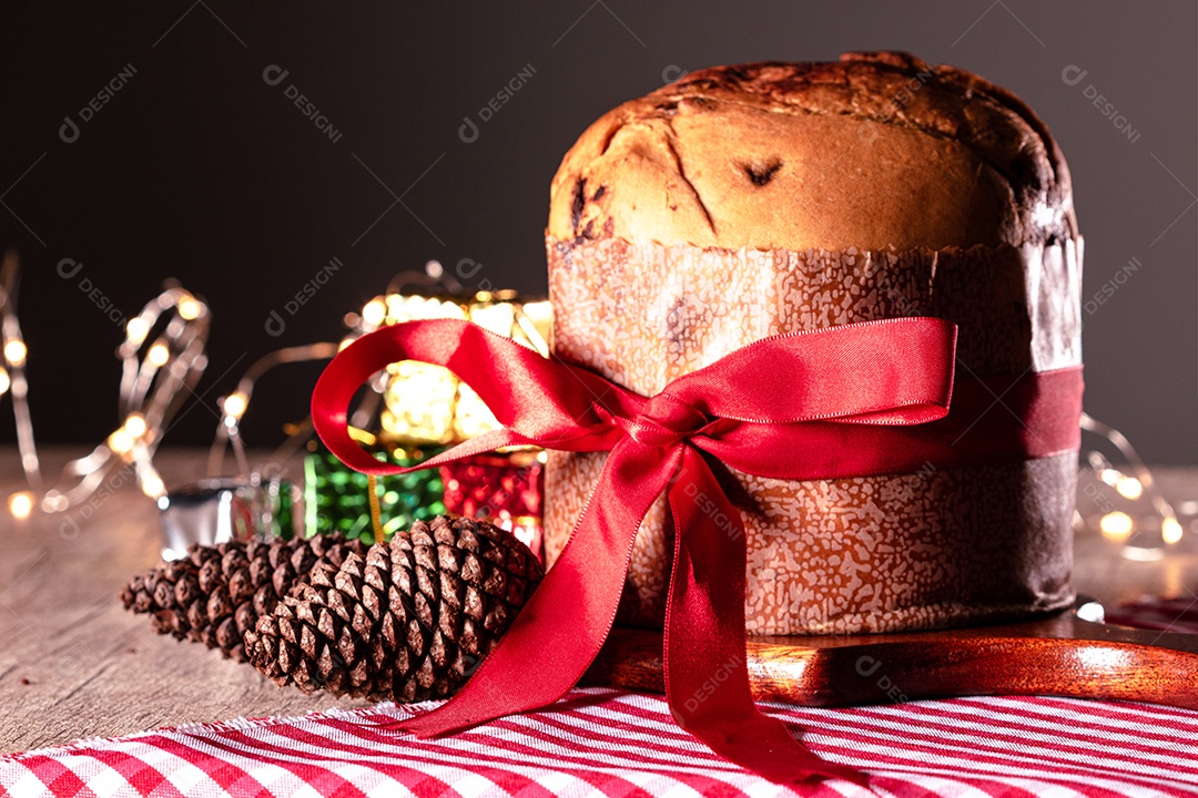 Homemade Christmas bread on blurred background Panetone