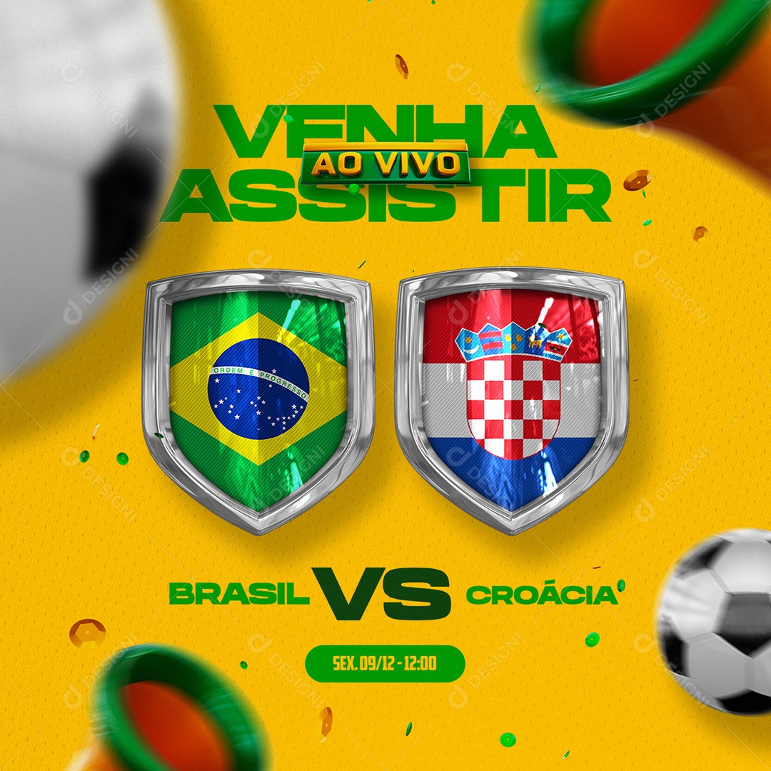 Venha Assistir ao Vivo Brasil vs Croácia Copa do Mundo Futebol Social Media PSD Editável