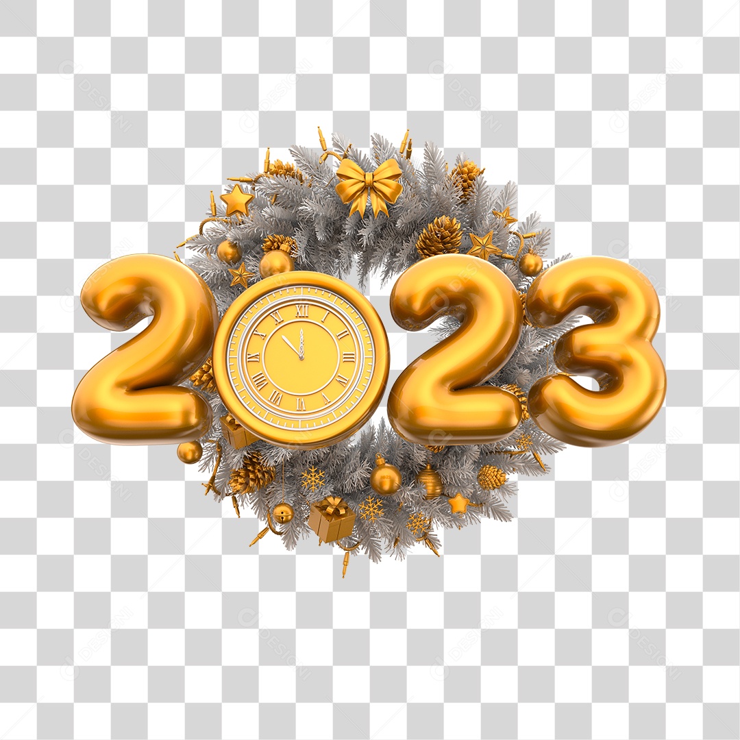 Número 2023 Dourado com Relógio Elemento 3D de Ano Novo para Composição PSD
