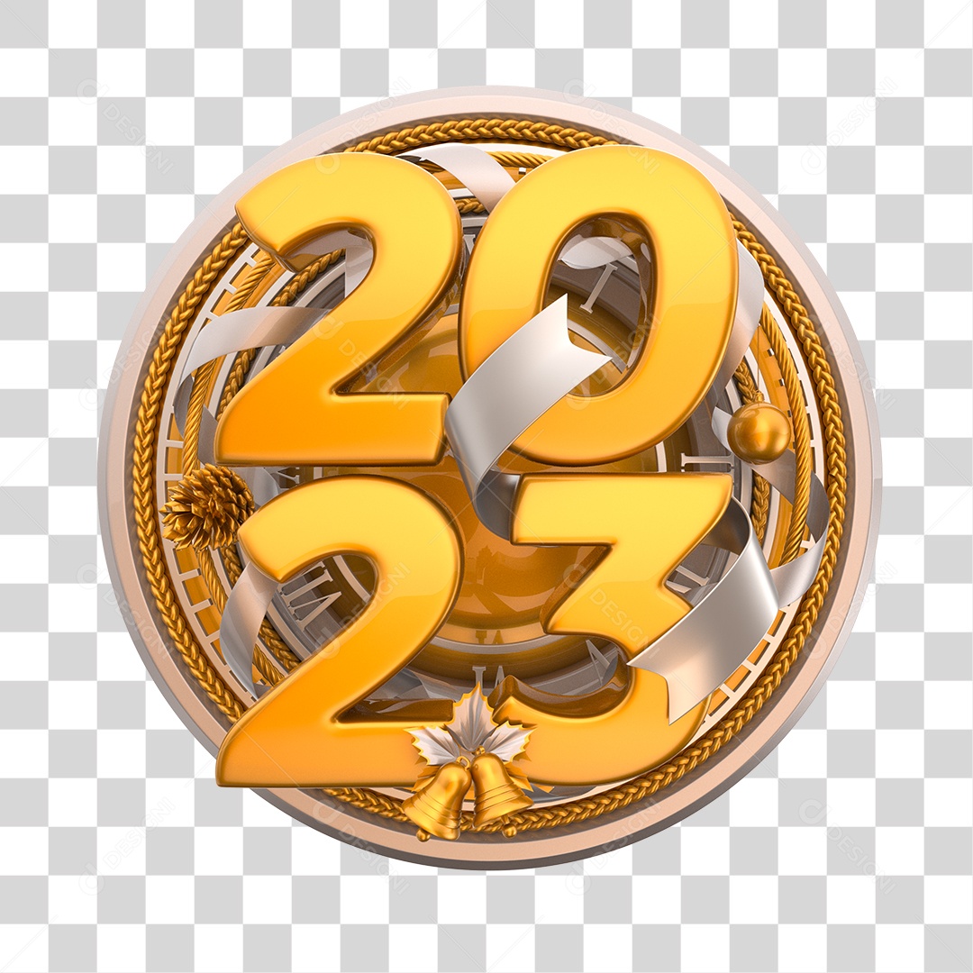 Número 2023 Dourado com Sinos Elemento 3D de Ano Novo PNG Transparente