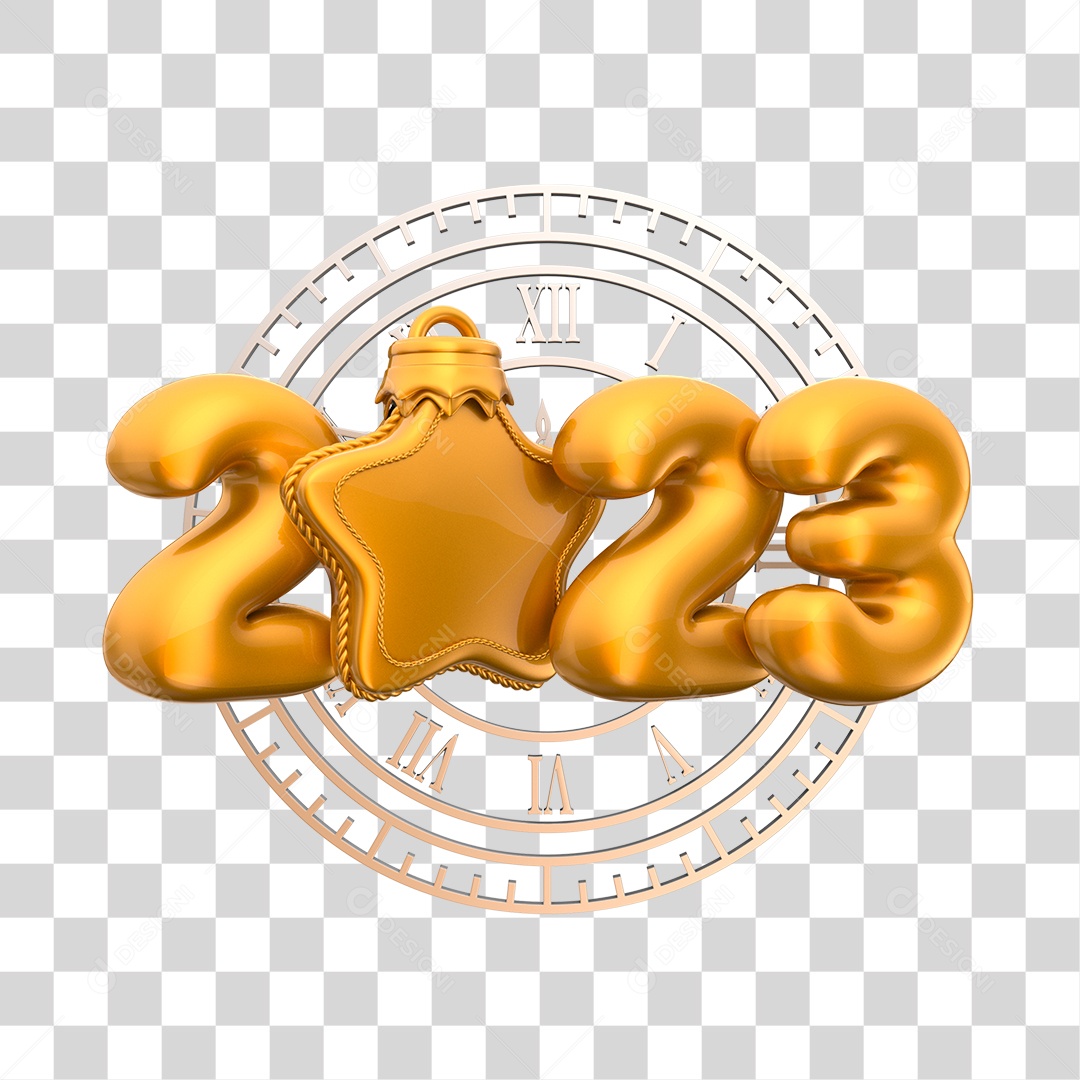 Número 2023 Dourado com Estrela e Relógio Prata Elemento 3D de Ano Novo PNG Transparente