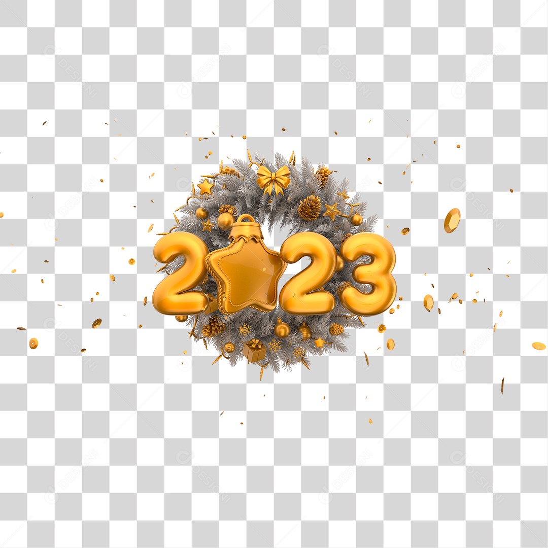 Número 2023 Dourado com Estrela Elemento 3D de Ano Novo PNG Transparente
