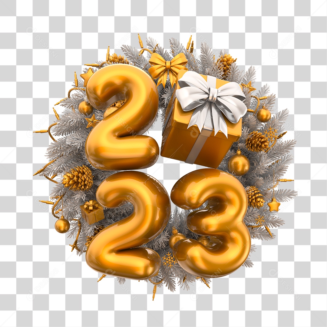 Número 2023 Dourado com Caixa de Presente Elemento 3D de Ano Novo PNG Transparente