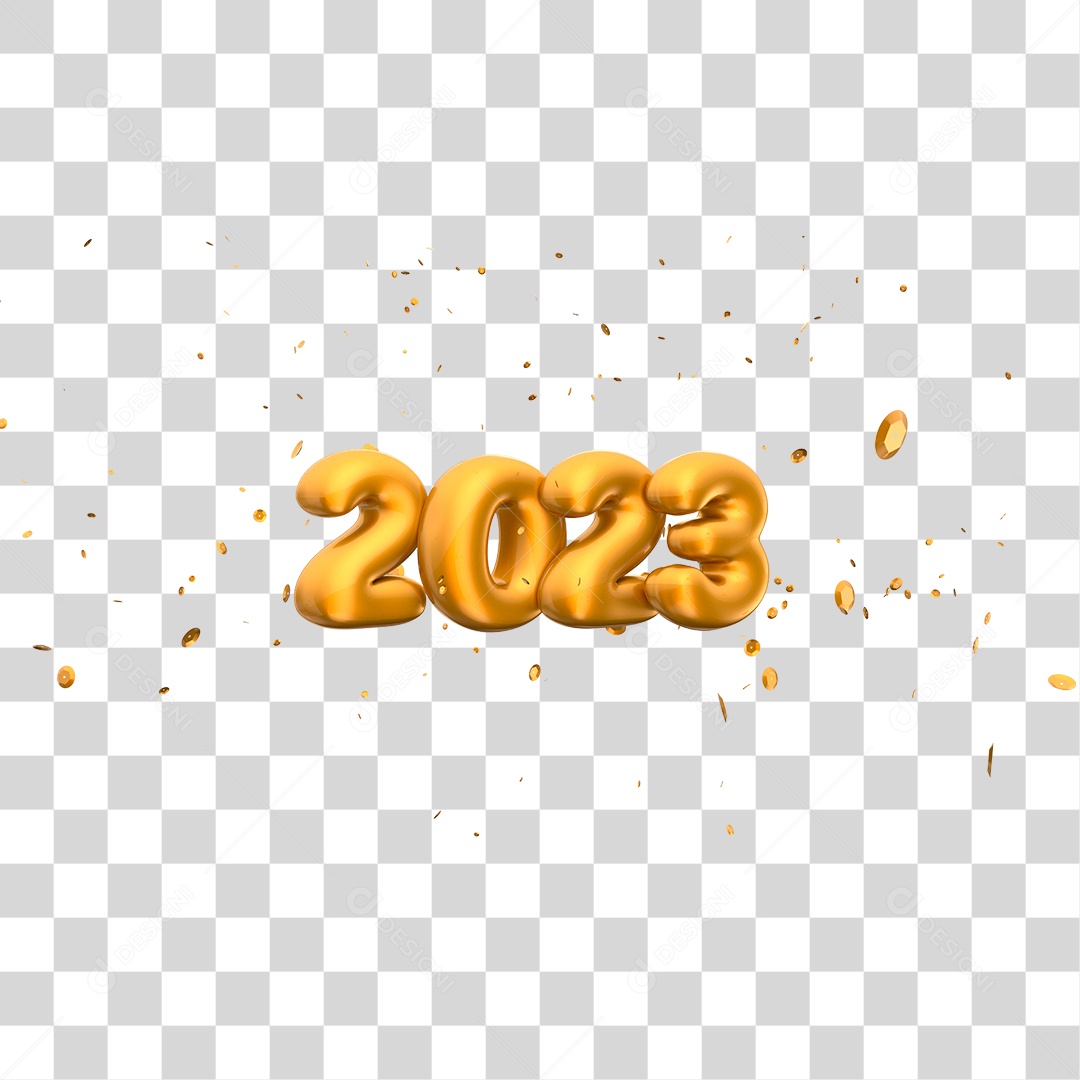 Número 2023 Dourado com Confettis Elemento 3D de Ano Novo para Composição PSD