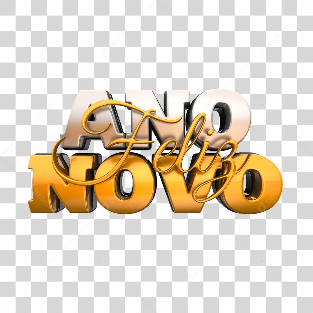 Feliz Ano Novo Texto 3D Prata e Dourado Para Composição PNG Transparente