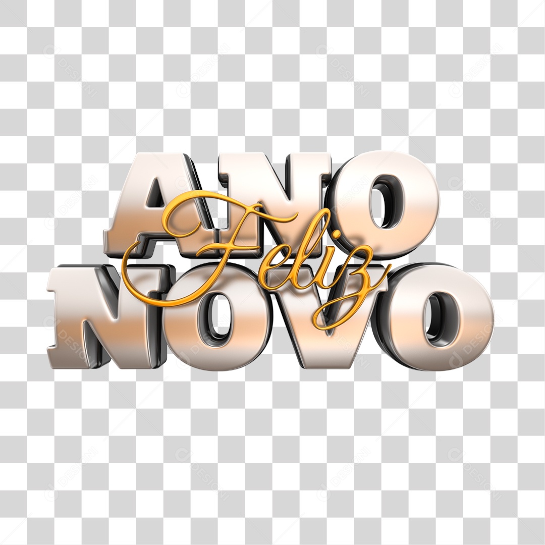 Feliz Ano Novo Texto 3D Prata e Dourado Para Composição PNG Transparente