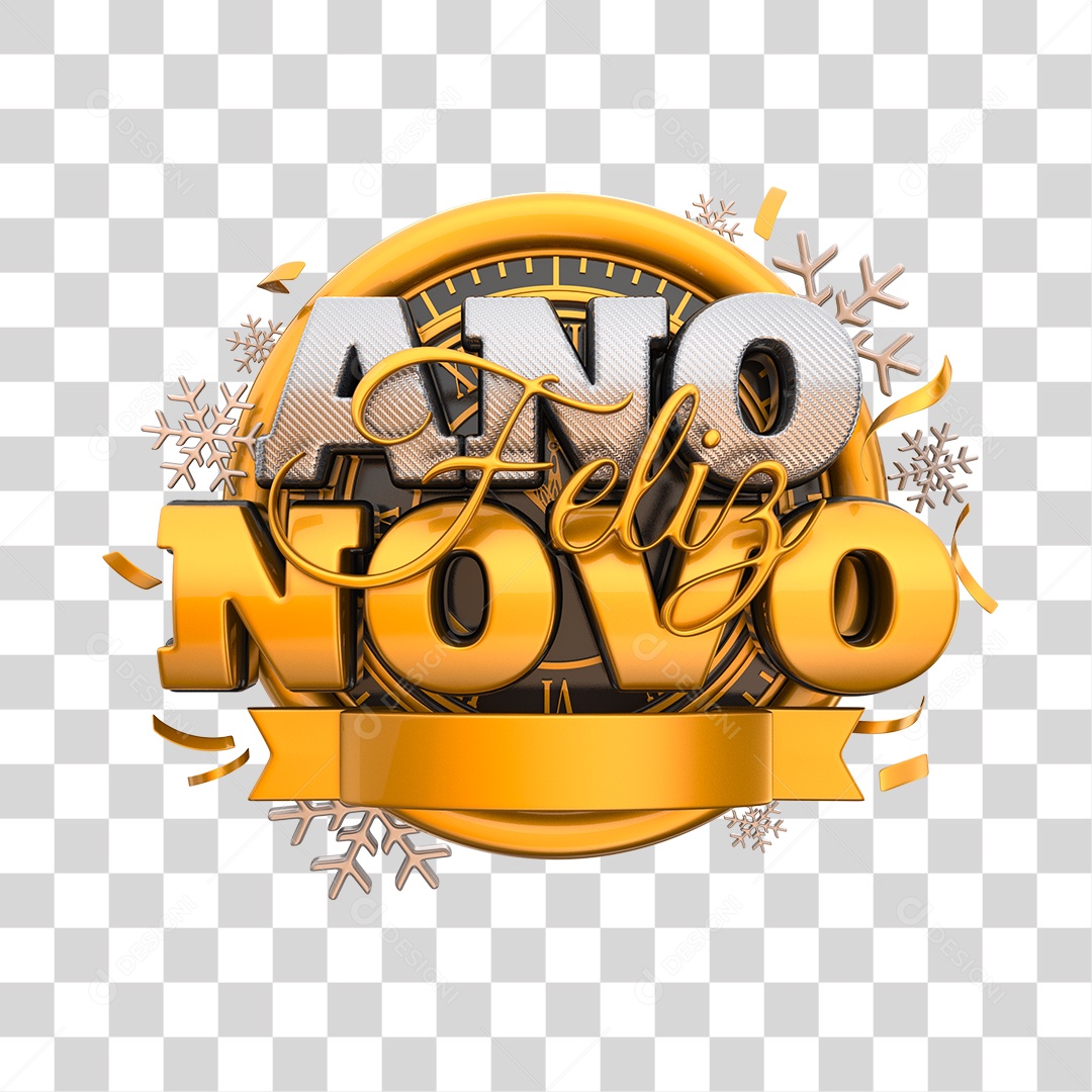 Feliz Ano Novo Selo 3D Dourado Prata Para Composição PNG Transparente