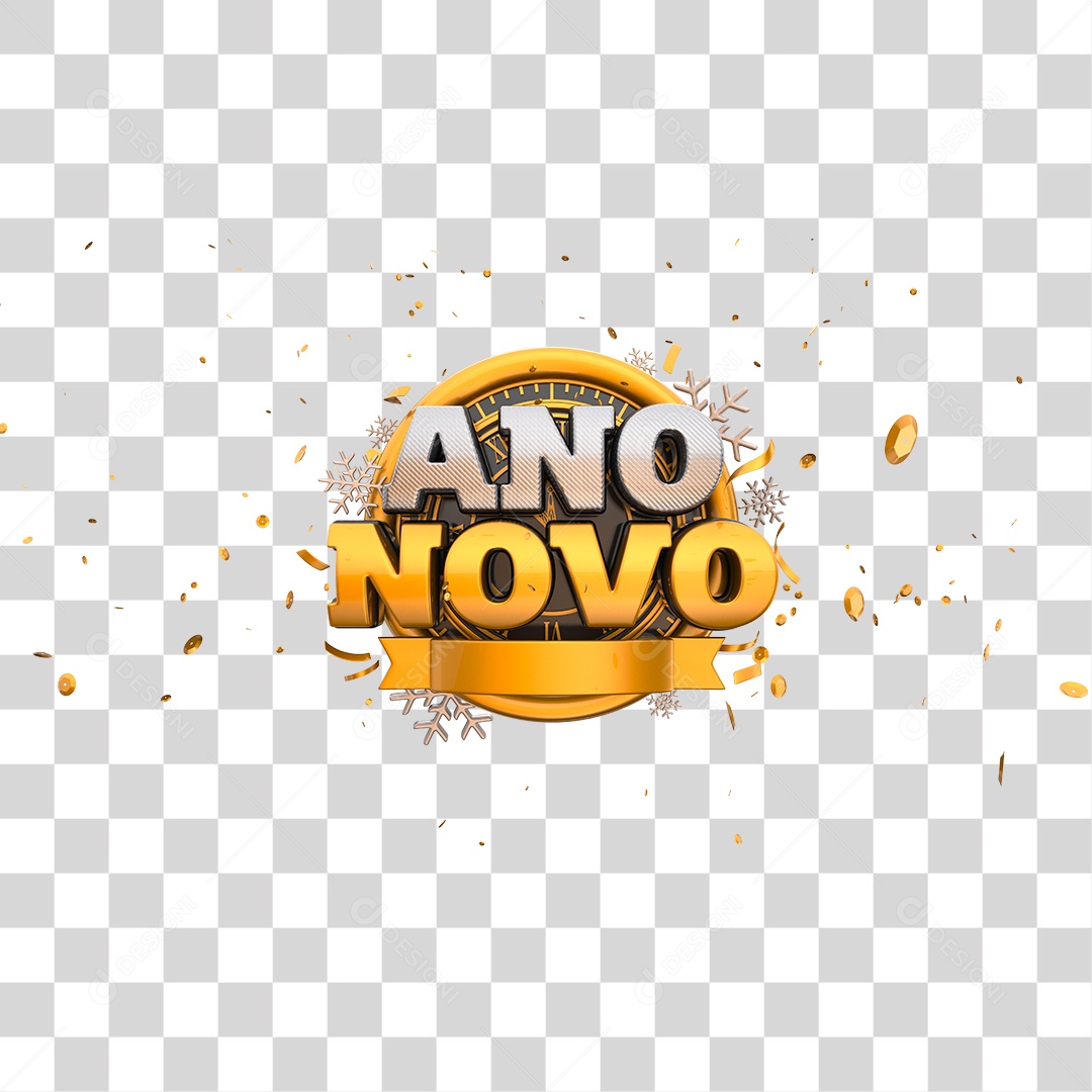 Ano Novo Selo 3D Dourado e Prata PNG Transparente