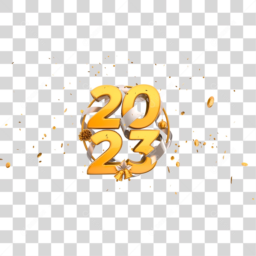 Número 2023 Dourado com Balões Elemento 3D de Ano Novo para Composição PSD