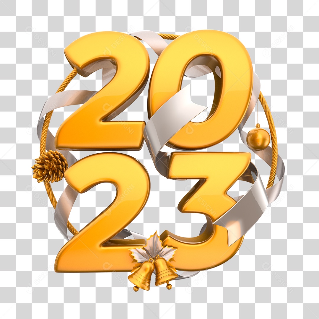 Número 2023 Elemento 3D Dourado PNG Transparente