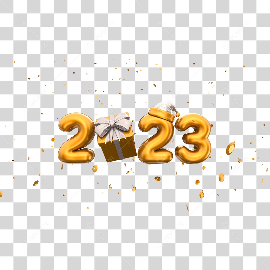 Número 2023 Dourado com Caixa de Presente Elemento 3D de Ano Novo PNG Transparente