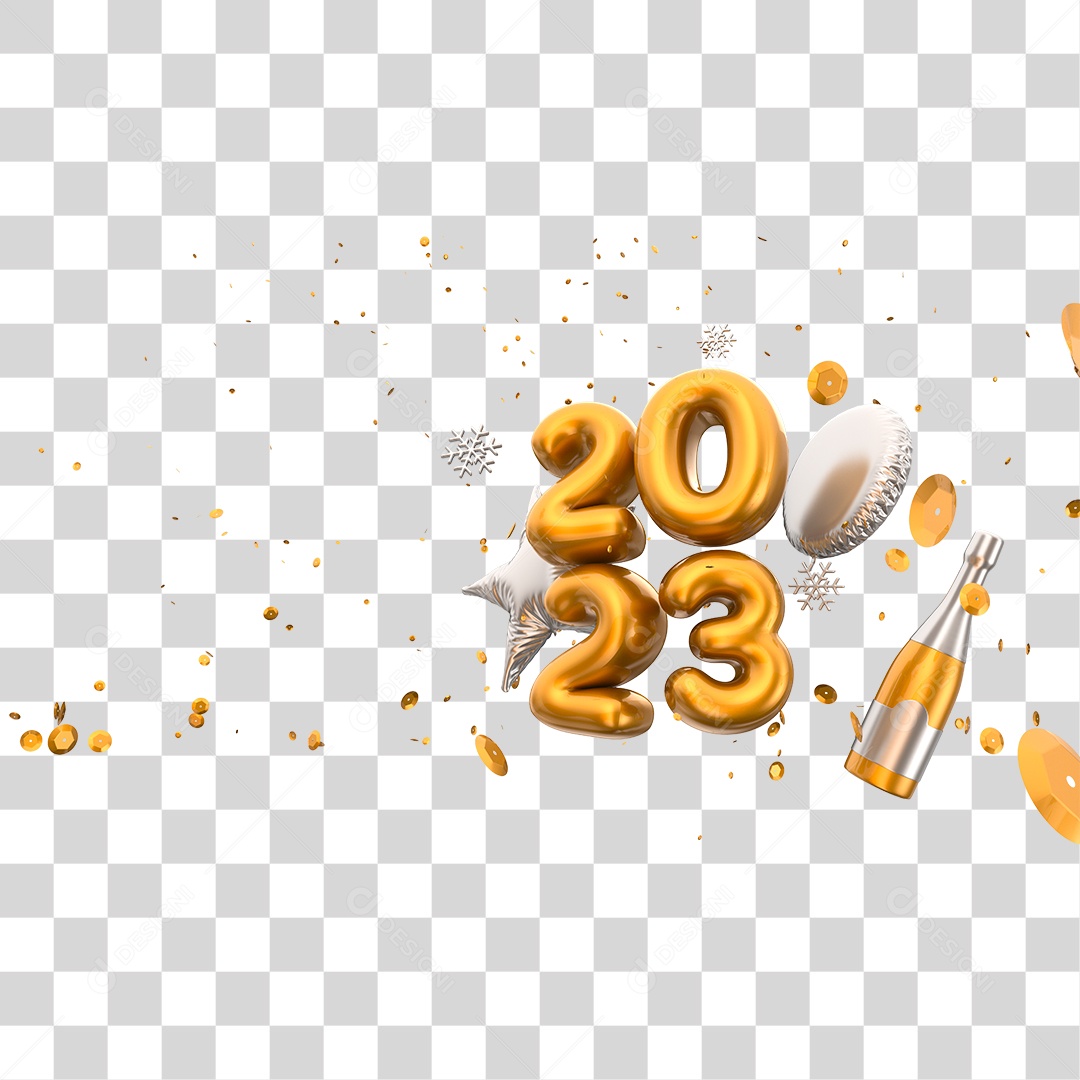 Número 2023 Dourado com Balões e Champagne Elemento 3D de Ano Novo PNG Transparente