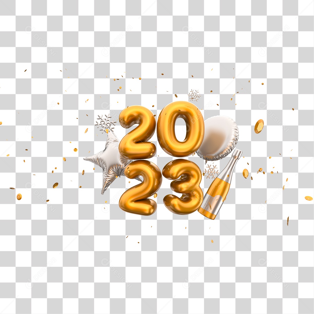 Número 2023 Dourado com Balões e Champagne Elemento 3D de Ano Novo PNG Transparente