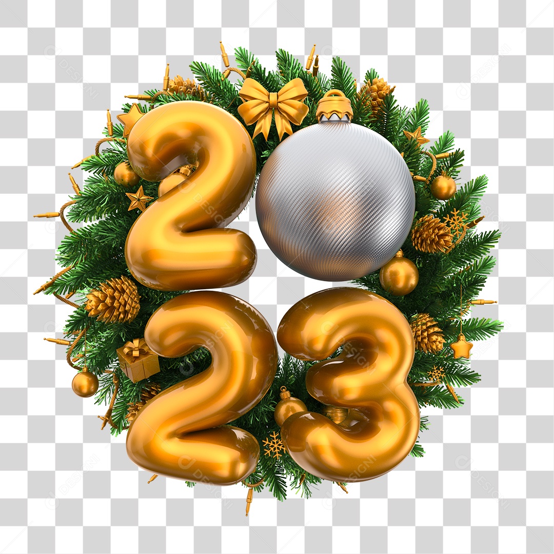 Número 2023 Dourado com Guirlanda e Bola Elemento 3D de Ano Novo PNG Transparente