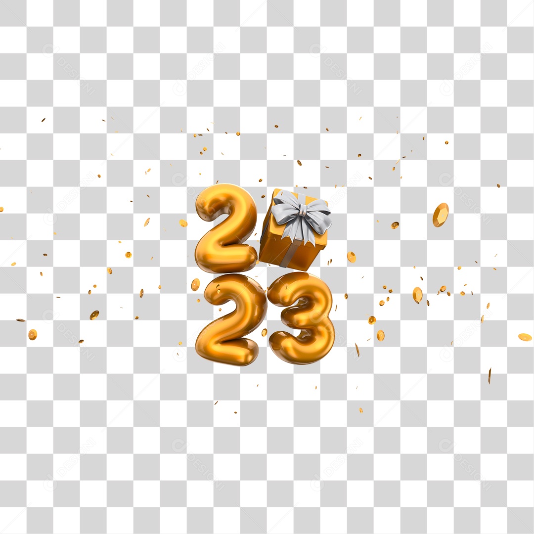 Número 2023 Dourado com Caixa de Presente Elemento 3D de Ano Novo PNG Transparente