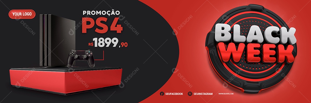 Banner Promoção PS4 1899,00 Black Week Loja de Eletrônicos Social Media PSD Editável