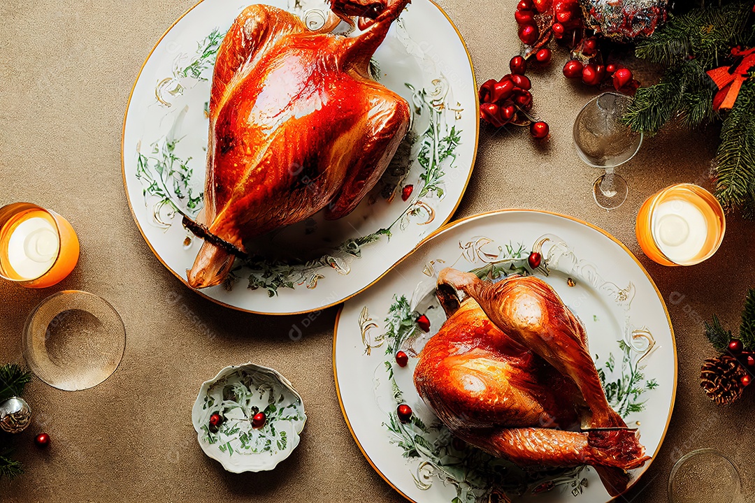 Imagem de um peru suculento e delicioso em uma mesa na véspera de Natal