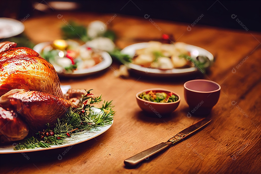 Imagem de um peru suculento e delicioso em uma mesa na véspera de Natal