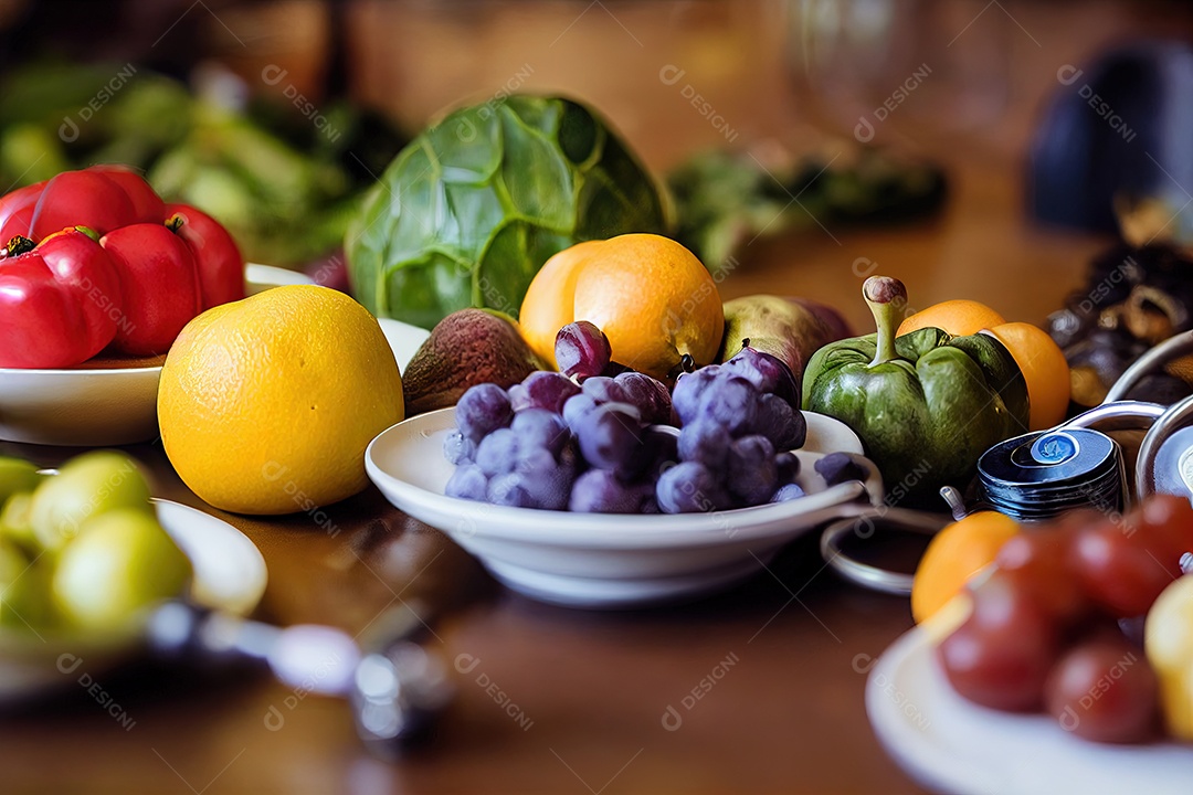 imagem de uma linda mesa de madeira, repleta de frutas variadas e lindas