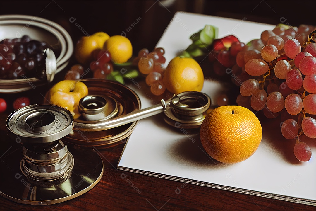 Imagem de uma linda mesa de madeira, repleta de frutas variadas e lindas