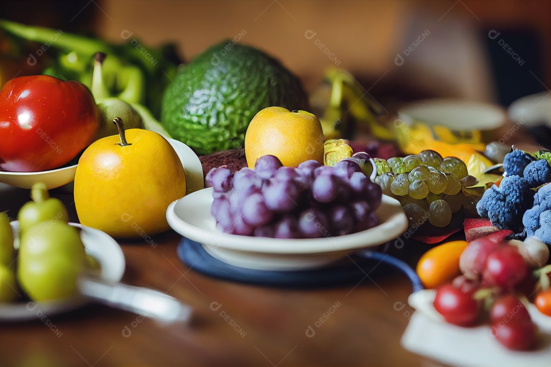 Imagem de uma linda mesa de madeira, repleta de frutas variadas e lindas