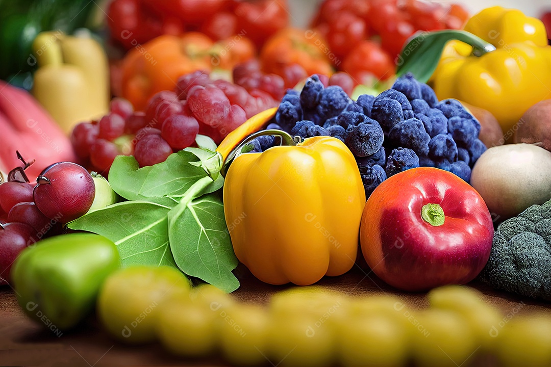 imagem de uma linda mesa de madeira, repleta de frutas variadas e lindas