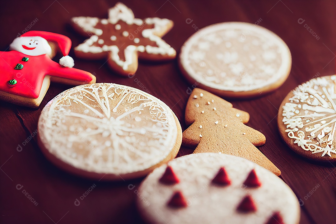 Imagem de uma mesa de madeira, com lindos biscoitos de natal