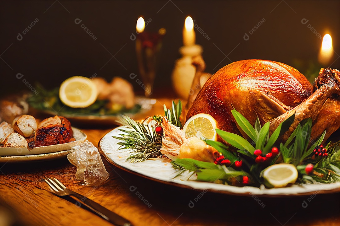 Imagem de um peru suculento e delicioso em uma mesa na véspera de Natal