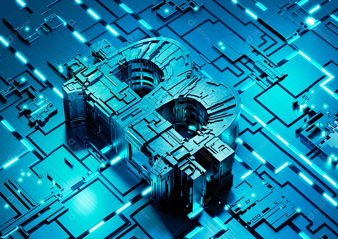 Símbolo mecânico de Bitcoin na placa-mãe futurista com néon