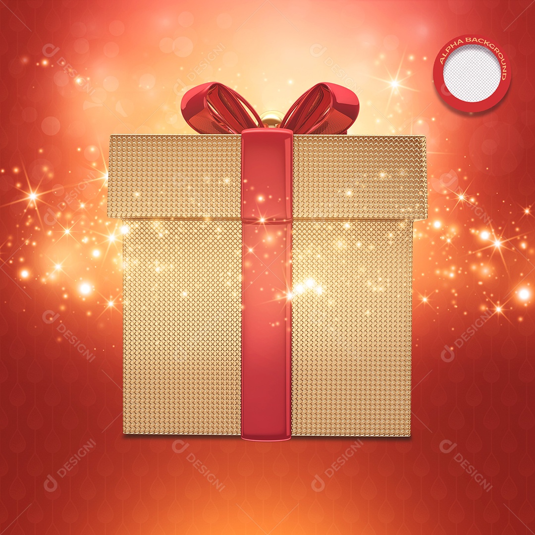 Caixa de Presente Natalina Dourada com Luzes Elemento 3D Decorativo PSD