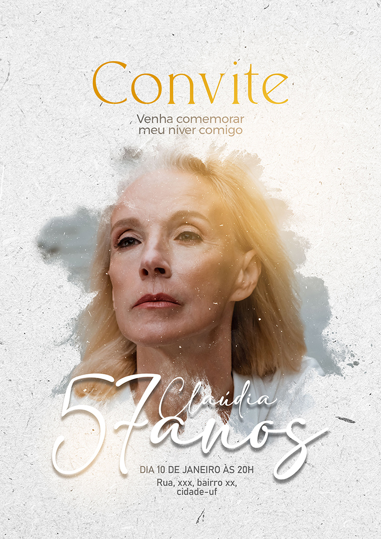 Modelo de Convite de Aniversário Cláudia 57 Anos PSD Editável