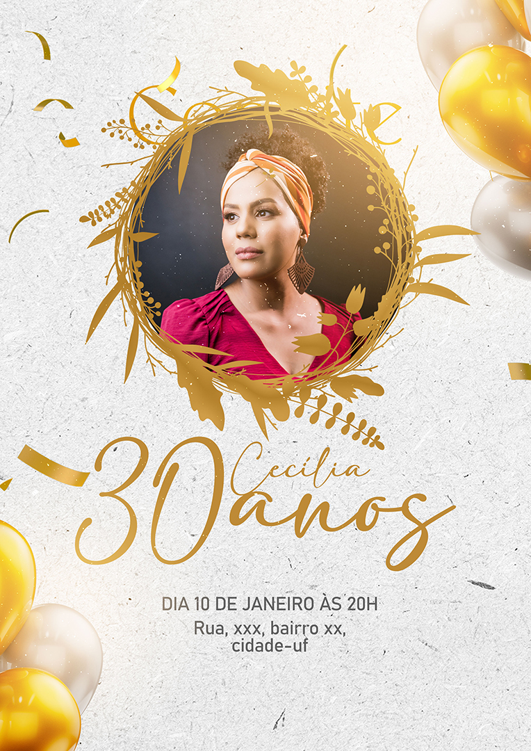 Modelo de Convite de Aniversário Cecília 30 Anos PSD Editável