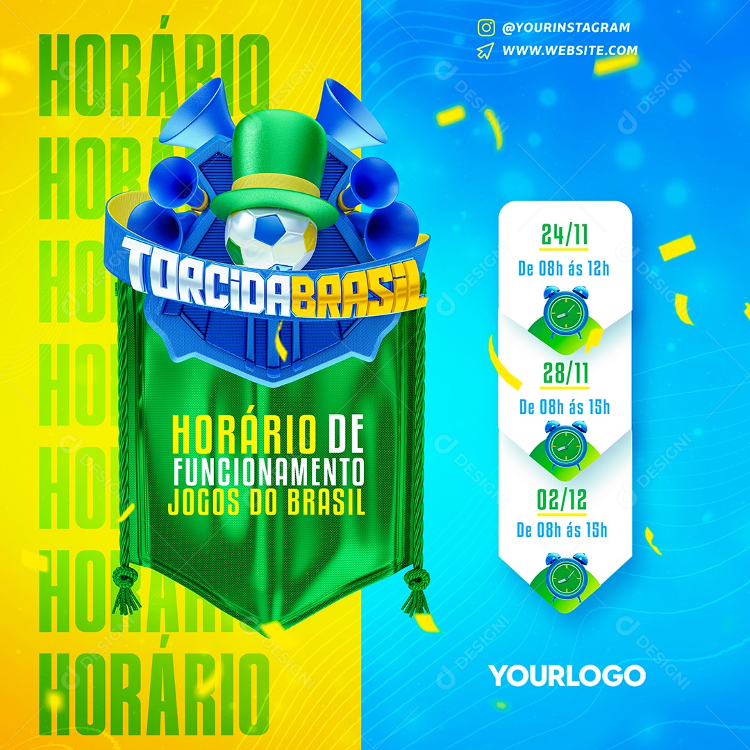 Torcida Brasil Horário de Funcionamento Jogos do Brasil Social Media PSD Editável