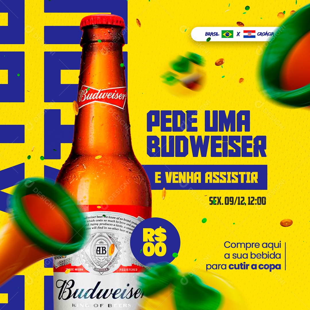 Pede uma Budweiser e Venha Assistir Copa do Mundo Cervejaria Social Media PSD Editável