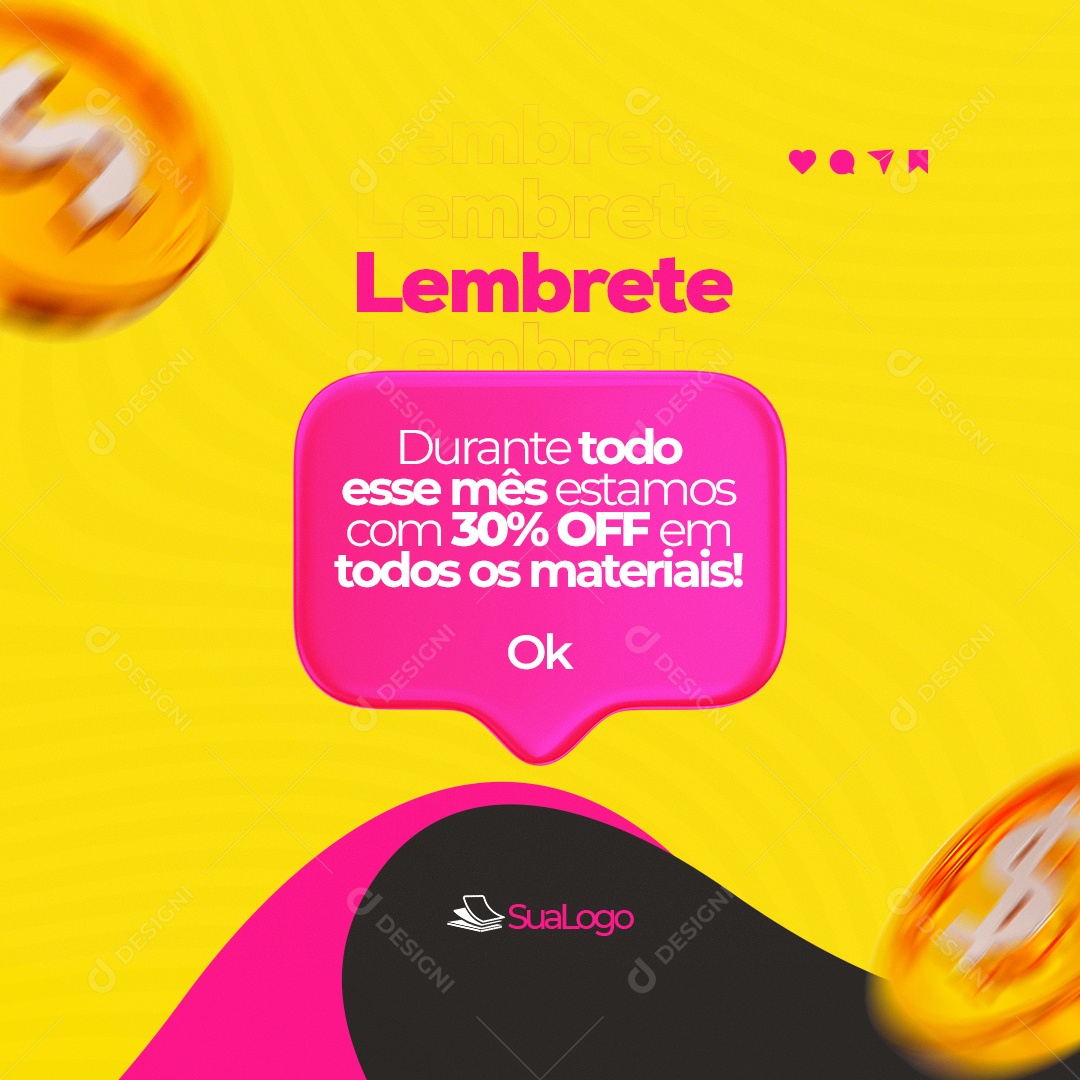 Lembrete Durante Todo Esse Mês Estamos com 30% Off Gráfica Social Media PSD Editável