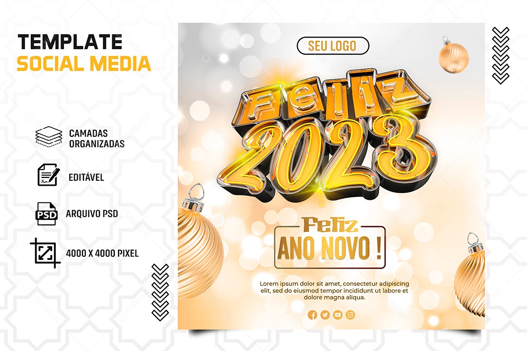 Tamplate Feliz Ano Novo 2023 Social Media PSD Editável