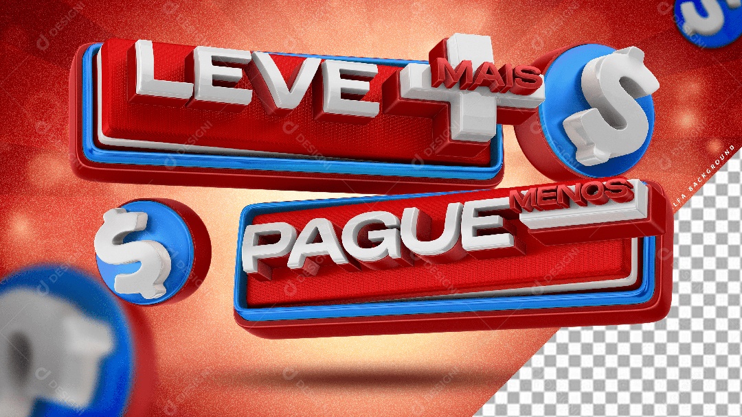 Selo 3D Leve Mais Pague Menos Vermelho e Azul Para Composição PSD