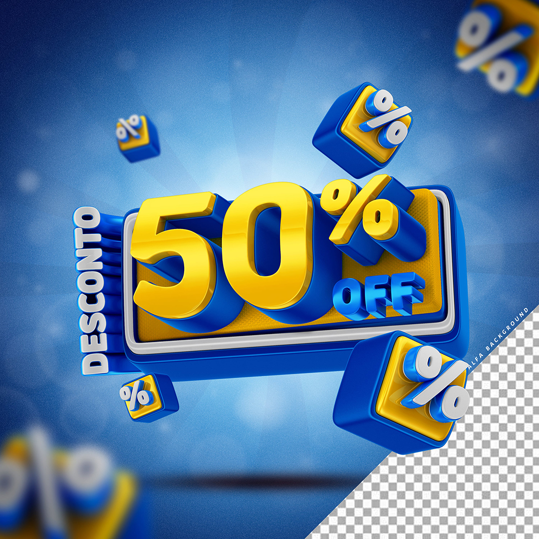 Selo 3D Desconto 50% Off Amarelo e Azul PSD Para Composição