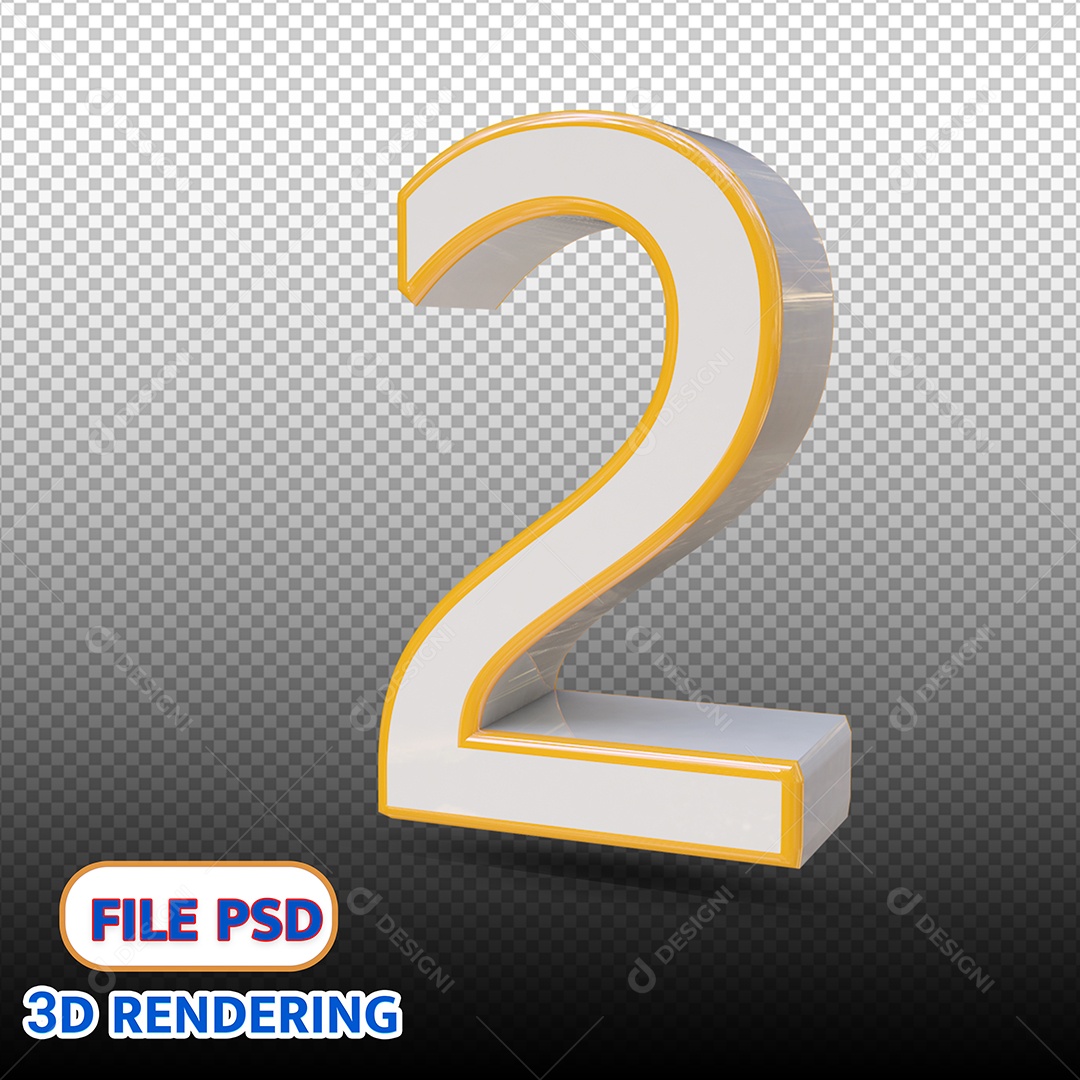 Número 2 Branco e Amarelo Elemento 3D Para Composição PSD