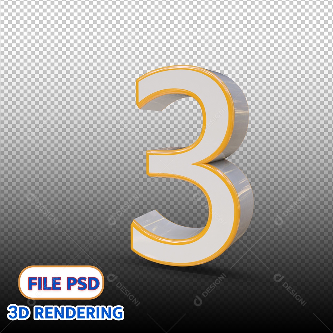 Número 3 Branco e Amarelo Elemento 3D Para Composição PSD