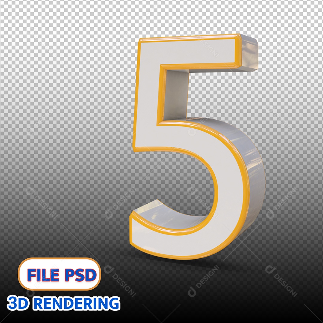 Número 5 Branco e Amarelo Elemento 3D Para Composição PSD