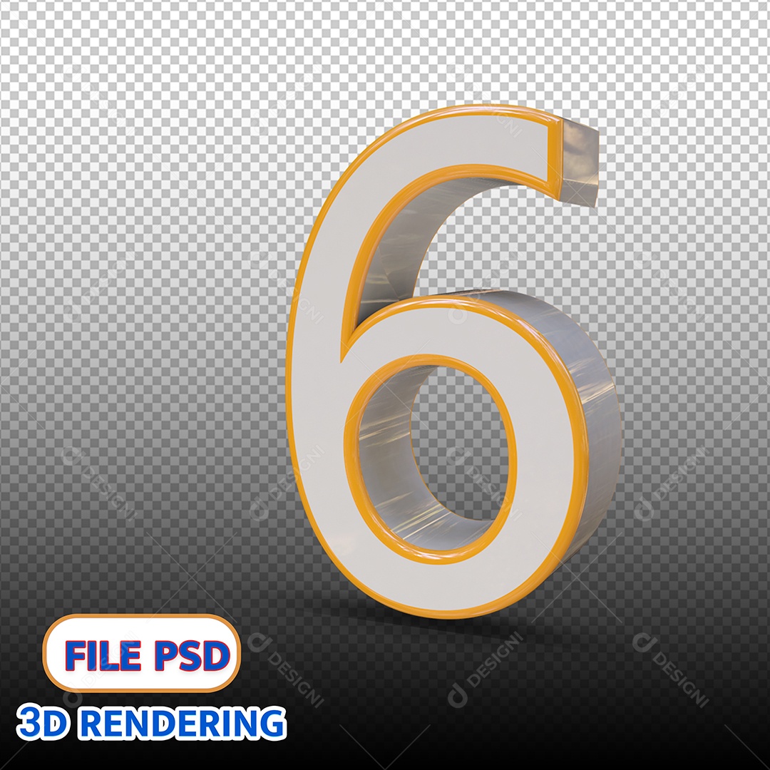 Número 6 Branco e Amarelo Elemento 3D Para Composição PSD
