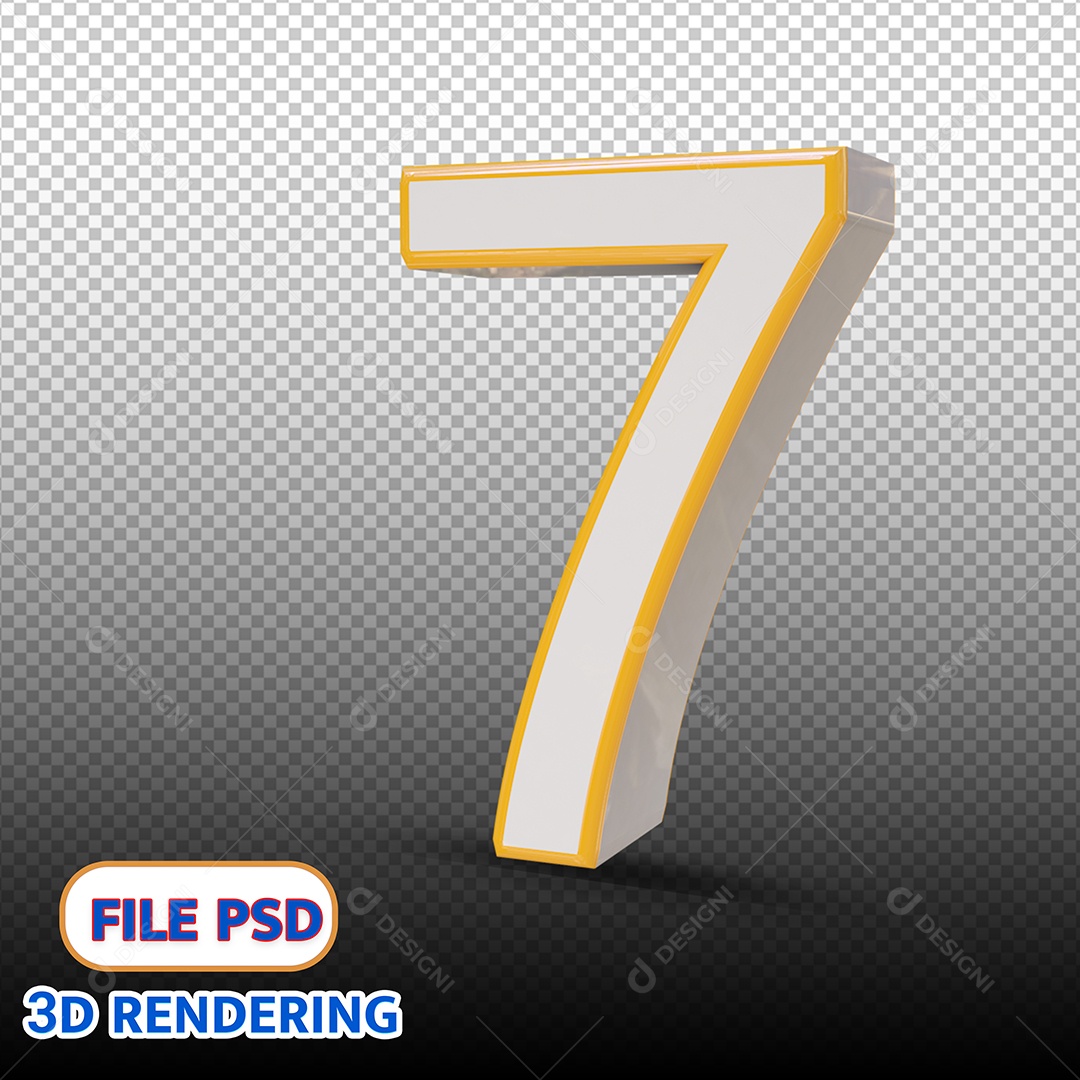 Número 7 Branco e Amarelo Elemento 3D Para Composição PSD