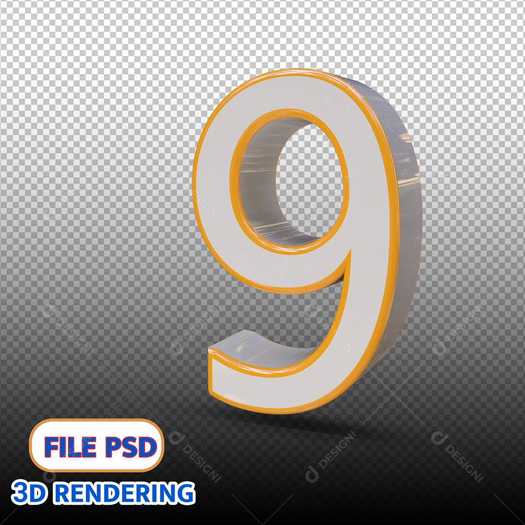 Número 9 Branco e Amarelo Elemento 3D Para Composição PSD
