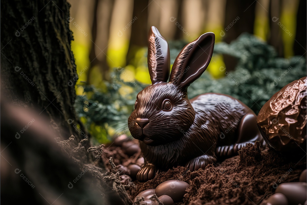 Coelho de chocolate em uma floresta de chocolate, celebração da Páscoa.