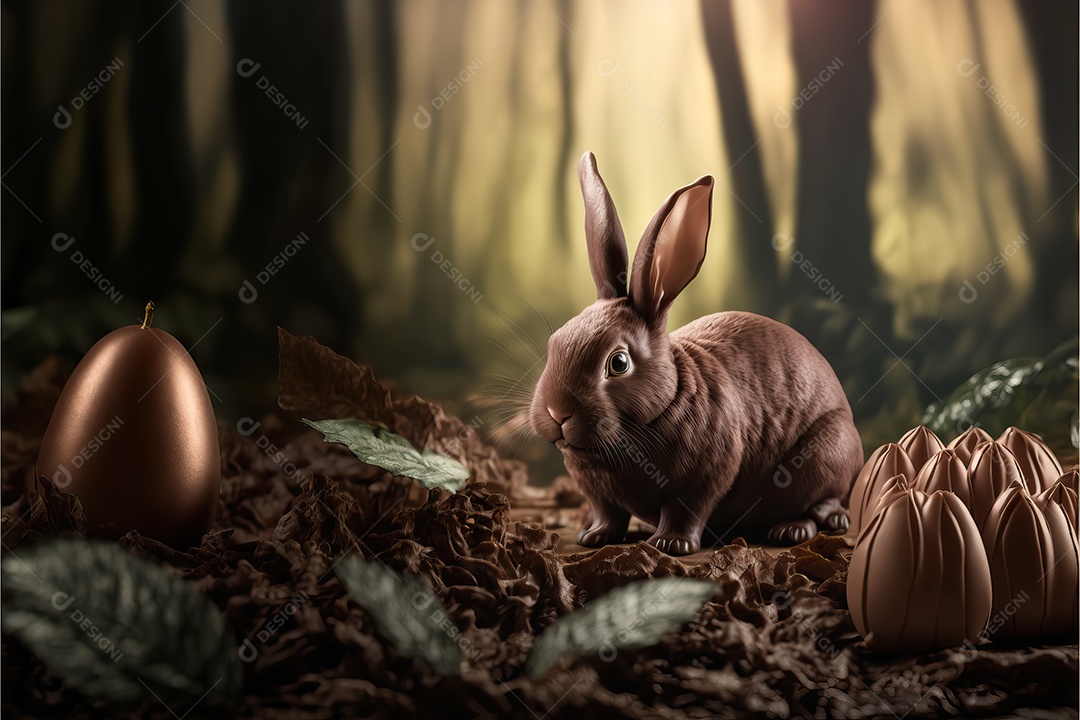 Coelho de chocolate em uma floresta de chocolate, celebração da Páscoa.